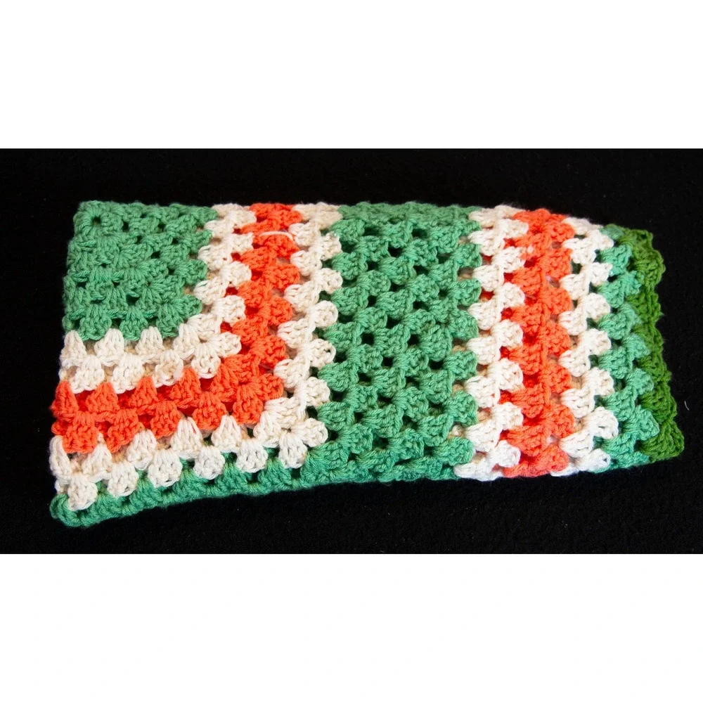 Vintage Handmade Crochet Granny Square Baby Blanket Green‎ Orange Cream 35x35